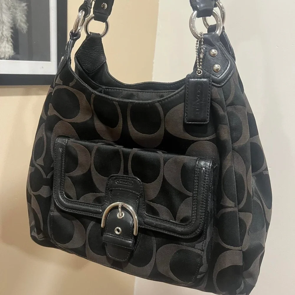 Y2K 2000s black Signature C Monogram Coach Slouchy Hobo Shoulder Bag / Handbag
